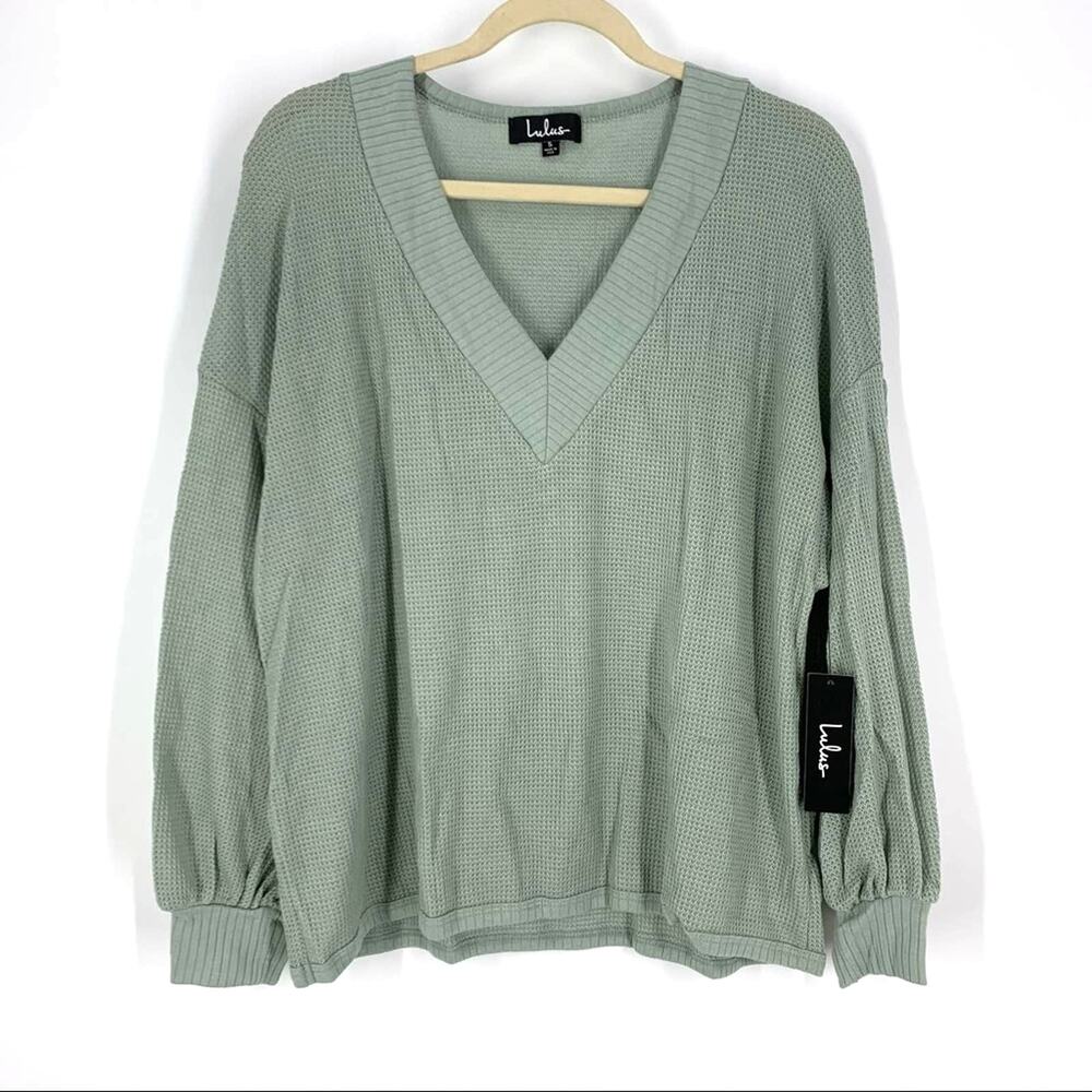 Lulus Waffle Knit‎ Top V-Neck Sage Green Small NEW